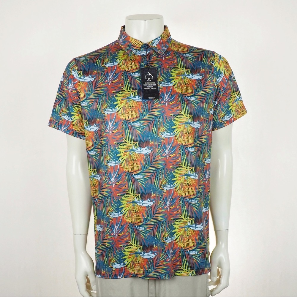 New Pins & Aces Golf Polo Shirt Mens Large Blue Floral Airplanes AOP Performance